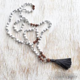Pendant Necklaces 108 Mala Beads Necklace White Howlite & WhiteQuartz Rudraksha Buddhist Jewellery Prayer Hand Knotted