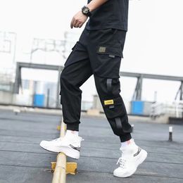 Mens Pants Side Pockets Cargo Harem Ribbons Black Hip Hop Casual Male Joggers Trousers Fashion Streetwear 230309