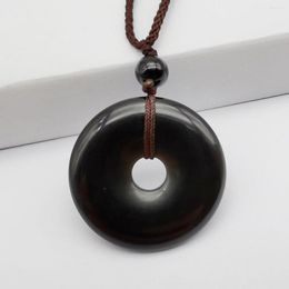 Pendant Necklaces Natural Black Obsidian Stone Carved Safety Button Necklace Adjustable Nylon Rope Braid Jewelry F112