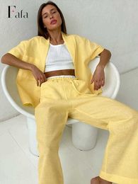 Women's Tracksuits Women Waffle Yellow 2 Piece Sets Short Sleeve Blouse Tops And Lace-Up Long Pants Suits 2022 Summer Female Elegant Casual Outfits L230309