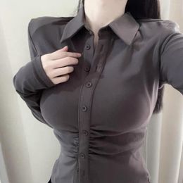 Women's Blouses Fashion Blouse Woman Slim Shirts Solid Sex Short Shirt Single Breasted Turn Down Collar Lady Long Sleeve Button Top