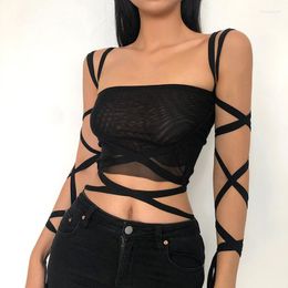 Women's T Shirts Black Mesh Lace Up Bandage Crop Top Fairy Grunge Aesthetic Clothes Cyber Y2k Mall Goth Tanks Sexy Clothing