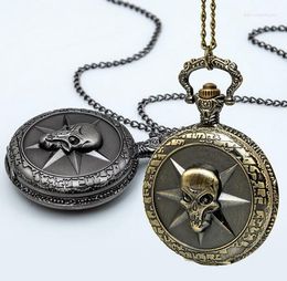 Pocket Watches Vintage Bronze Black Skull Ghost Cross Fire Quartz Watch Necklace Gift For Mens PLK64