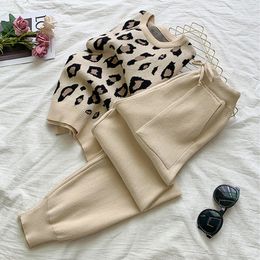 Women's Two Piece Pants HMA Women's Long Sleeve Knit Leopard Pullover SweatersElastic Waist Pants Sets Fashion Trousers Two Pieces Costumes Outfit 230309