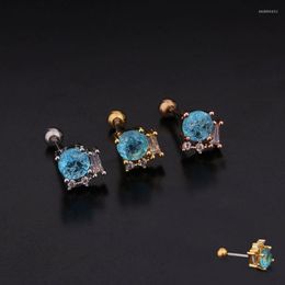 Stud Earrings 1 PCS Small Copper Blue Zircon Geometric Shape Earring Trendy Steel Round Ball Ear Cartilage Piercing Cuff Jewelry