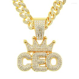 Pendant Necklaces Hip Hop Bling Iced Out Rhinestones Cuban Chain Gold Silver Color Letter Crown Ceo Necklace For Men Women Rapper Jewelry