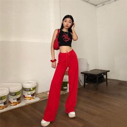 Women's Pants & Capris Spring Fall Red Wide Legs Trouser All-Match Female Ladies 2023 Women Long Solid High Waist Drawstring Casual Trousers