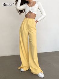 Women's Pants Capris Bclout Fashion Yellow Pants Women Elegant Office Lady High Waist Pleated Long Trousers Elegant Solid Wide Leg Pants Female 230309