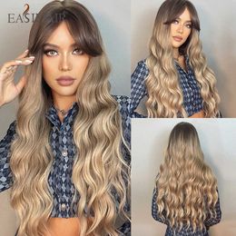 Synthetic Wigs Easihair Long Brown Ombre Wavy Synthetic Wigs for Women Natural Hair with Bangs Heat Resistant Water Wave Cosplay Wig 230227