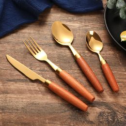 Dinnerware Sets Jaswehome 1/4pcs Steak Knife Set Fork Spoon Wooden Handle Stainless Steel Western Cutlery