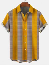 Men s Casual Shirts Summer Yellow Blue Green Striped Simple Trend Printing Hawaiian and Women s Beachwear 230309