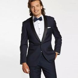 Men's Suits Fashion Dark Blue Men's Custom Made Wedding Suit Groom Tuxedos Man Blazer Black Shawl Lapel Slim Fit Terno Masculino 2Piece