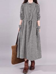 Casual Dresses for Women 2022 Loose Stitching Cotton and Linen Plaid Long-sleeved Dress Women's Lace-up Waist Midi Skirt Elegantly Y2302