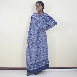 Ethnic Clothing African Dashiki Long Sleeve Blue Floral Printed Appliques Button Cotton Dashikiage Dress Elegant Mama