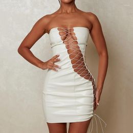 Casual Dresses Woman Off Shoulder PU Leather Dress Solid Color Front Hollow Out Lace Up Bandage Mini S-L 3Color