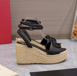 Summer sandal wedge shoes brand high heel platform Sandals Straw woven wedge ankle strap chunky heels dress shoe Women designer sandals 35-43Box