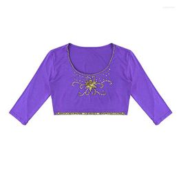 Stage Wear Tribal Women's Shiny Sequins Crop Tank Top Scoop Neck 3/4 Sleeve T-Shirt Belly Dance Choli Tops Gypsy Accessories