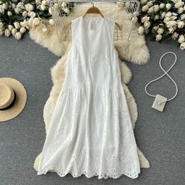 Casual Dresses Bohemian Sleeveless Long Dress White Hollow Out Embroidery Summer Women's Loose Elegant Beach Cotton Chic Clothes