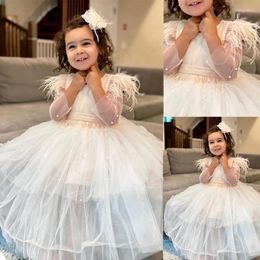 Girl Dresses White Feather Flower Girls For Wedding Pearls Beaded Ball Gown O Neck Toddler Pageant Tulle Kids Prom Wears