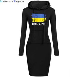 Casual Dresses Vintage Ukraine Ukrainian Flag Hooded dresses Women long Sleeve Aesthetic Tees Female Hoodies dress Streetwear Clothes Y2302