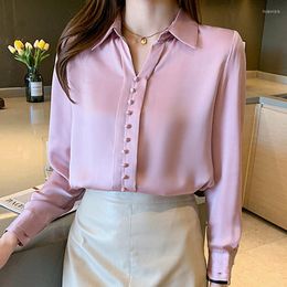 Women's Blouses Turn Down Collar Women Shirt Silk Satin For Long Sleeve Top 2023 Spring Korean Clothes Button Pullover Ladies Tops