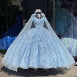 Sky Blue Cinderella Quinceanera Dresses with Cape Appliques 3D Floral Off Shoulder Lace-up Corset vestidos de 15 quinceaNera