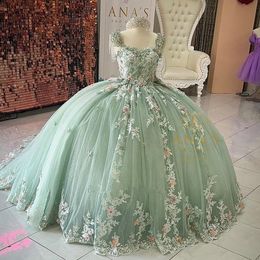Mint Green Beading Tassel Quinceanera Dresses Off Shoulder 3D Flowers Appliques lace-up Corset princess Sweet 15 Vestidos De XV Anos