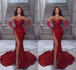 Sexy Red Plus Size Mermaid Prom Dresses for Women Special Occasion Sweetheart Sequined Pleats High Side Split Floor Length Formal Evening Pageant Gowns Custom