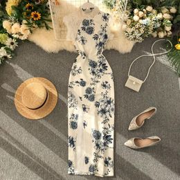 Casual Dresses Sexy Women Hollow Out Cheongsam Slimbody Lady Body Woman Sleeveless Long Floral Dress