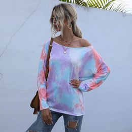 Women's Blouses Women Tie Dye Printing T-shirt Streetwear Sexy Off Shoulder Batwing Sleeve Sweatshirt Top Female Oversized Casual Tees