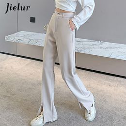 Women's Pants Capris Jielur Fashion Black Trousers Suits Spring XS-2XL High Waist Casual Women's Pants Wide Leg Split Workwear Formal Pants Zipper 230309