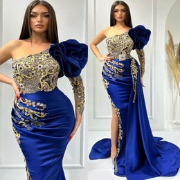 EBI Arabic Royal Aso Blue Prom Dresses Pärled Crystals Mermaid Evening Formal Party Second Reception Födelsedagsengagemang Klänningar klänning ZJ