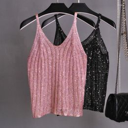 Women's Tanks 2023 Summer Sleeveless V Neck Bling Knitted Camis Women Sexy Metallic Gold Crop Tops Shiny Silver Camisole