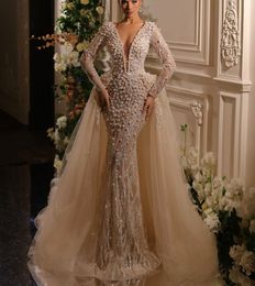 Luxury Mermaid Wedding Dresses Long Sleeves V Neck Lace Hollow Shiny Beaded Sequins Appliques Detachable Train Pearls Bridal Gowns Plus Size Vestido de novia Custom