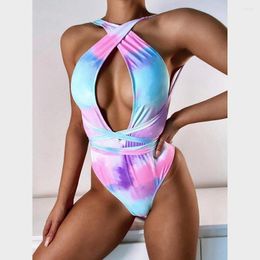 Women's Swimwear Women One Piece Swimsuit 2023 Sexy Tie Dye Bathing Suit Woman Bodysuit Bandage Cross Swimming For Beach Wear Monokini