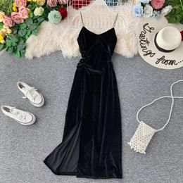 Casual Dresses Women V-neck Strap Dress Sexy Fashion Night Gown Nightclub Golden Velvet Long Slim Camisole Lady Cami Female