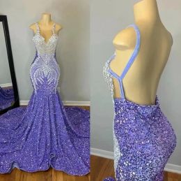 2023 Lavender Evening Dresses Beaded Sparkly Sequins Sexy Backless Spaghetti Straps Custom Made Formal Ocn Wear Arabic Prom Gown Vestidos 403 403