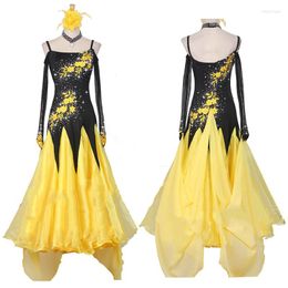 Stage Wear High End Ballroom Dance Competition Dress Women Performance Black Crystal Yellow Big Skirt Long Sleeve Tango