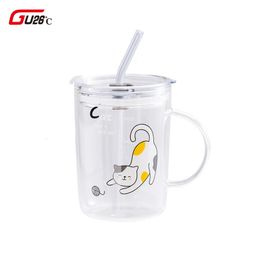 Tumblers Cute Cat Glass Pattern With Straw Kitchen Juice Milk Tea Coffee Wine Creative Cup Gift For Childen Water Mug 230308