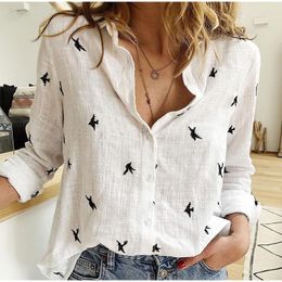 Women's Blouses Women's Bird Print Shirt Long Sleeve Top 35% Cotton Office Casual Loose Large 5XL 2023