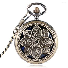 Pocket Watches Vintage Mechanical Hand-wind Watch Flower Hollow Lotus Designer Bronze Blue Numbers Skeleton With Chain Pendant Gift