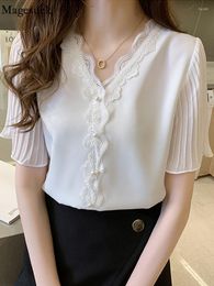 Women's Blouses Lace Chiffon Blouse 2023 Woman V-Neck Summer Office Elegant Women Shirts White Short Sleeve Tops Female Clothing Blusas