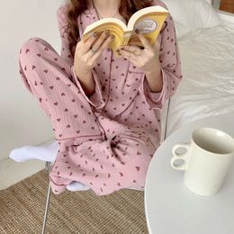 Women's Sleepwear Cotton Sleepwear Korean Pajamas Women Autumn Cute Heart Print Pyjamas Long Sleeve Pijama Female Set Negligee Cardigan Suit 230309