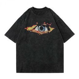 Men's T-Shirts Fire Flame Eye Print Tshirts Summer Short Sleeve Shirts Distressed Tees Streetwear Hip Hop Harajuku Casual Cotton Loose Tops G230309