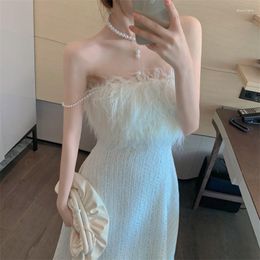 Casual Dresses Fairy White Tube Top A Line Party Dress Chic Feather Fur Sexy Slash Neck Strapless Empire Midi Sleeveless Bottoming