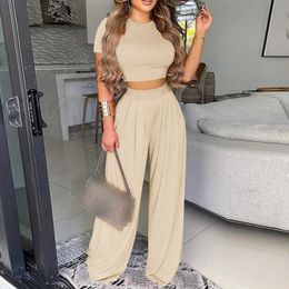 Women's Tracksuits Summer Elegant Women Two Piece Set Fashion O-Neck Slim Tops And Wide Leg Pants Suits For Ladies Casual Floral Print Chic Outfits L230309
