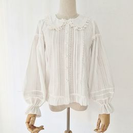 Women's Blouses Shirts Cotton Lolita Shirt Peter Pan Collar Fleeced Long Sleeve Blouse for Women 230309
