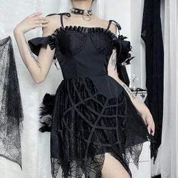 Casual Dresses Gothic Black Dress Party Spiderweb Patchwork Lace Lace-up Ribbon Tassel Corset A Line High Waist Club Wear