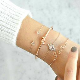 Bangle 4pcs/1set Gold Colour Cactus Letter Knot Bracelet Bohemian Geometric Metal Chain Statement Jewellery