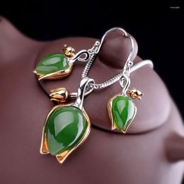 Dangle Earrings 2023 Trend Jewellery Real S925 Pure Silver Fashion Ladies Woman Water Droplets Hetian Natural Stone Pendant Tulips